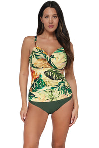 Front pose #1 of Nicki wearing Sunsets Amber Oasis Serena Tankini Top paired with coordinating Island Green Bottom