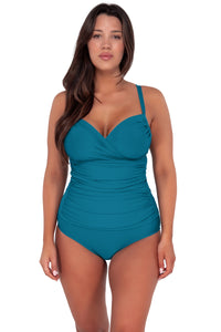 Front pose #1 of Nicki wearing Sunsets Avalon Teal Serena Tankini Top paired with Hannah High Waist bikini bottom