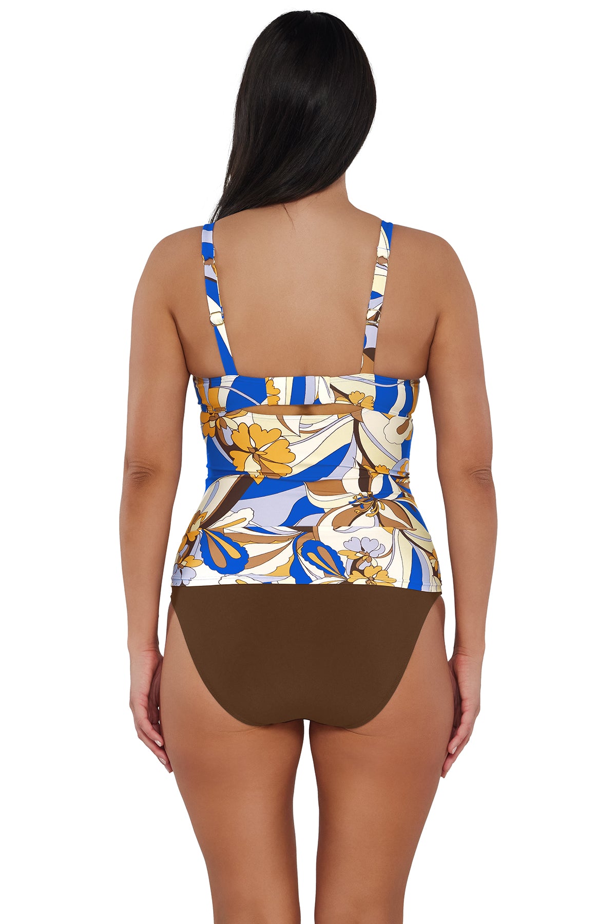 Back pose #1 of Nicki wearing Sunsets Bali Bungalow Serena Tankini Top