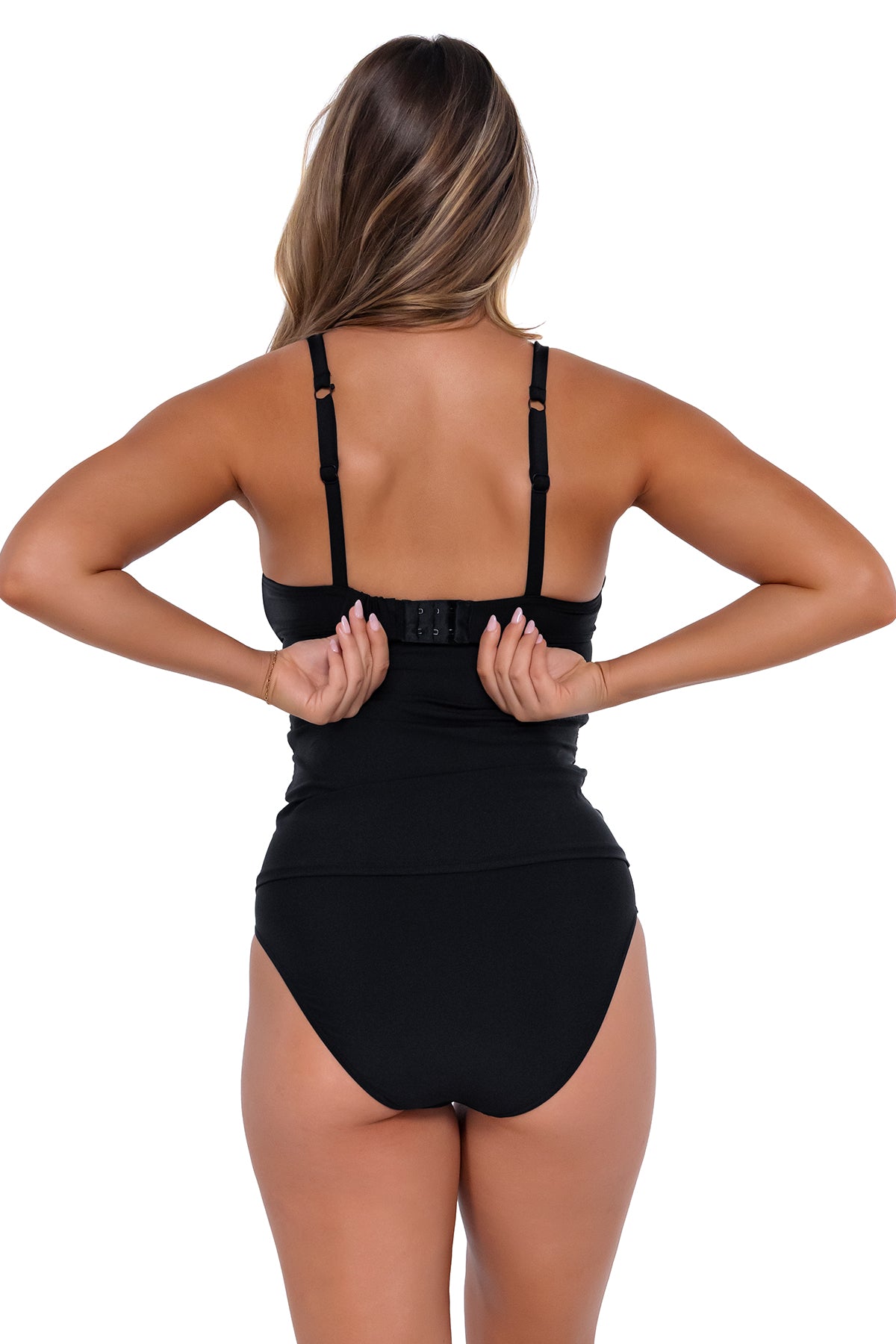 Back pose #1 of Taylor wearing Sunsets Black Serena Tankini Top showing hidden hook-and-eye closure with matching High Road Bottom bikini
