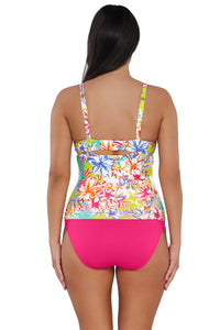 Back pose #1 of Nicki wearing Sunsets Botanical Bliss Sandbar Rib Serena Tankini Top