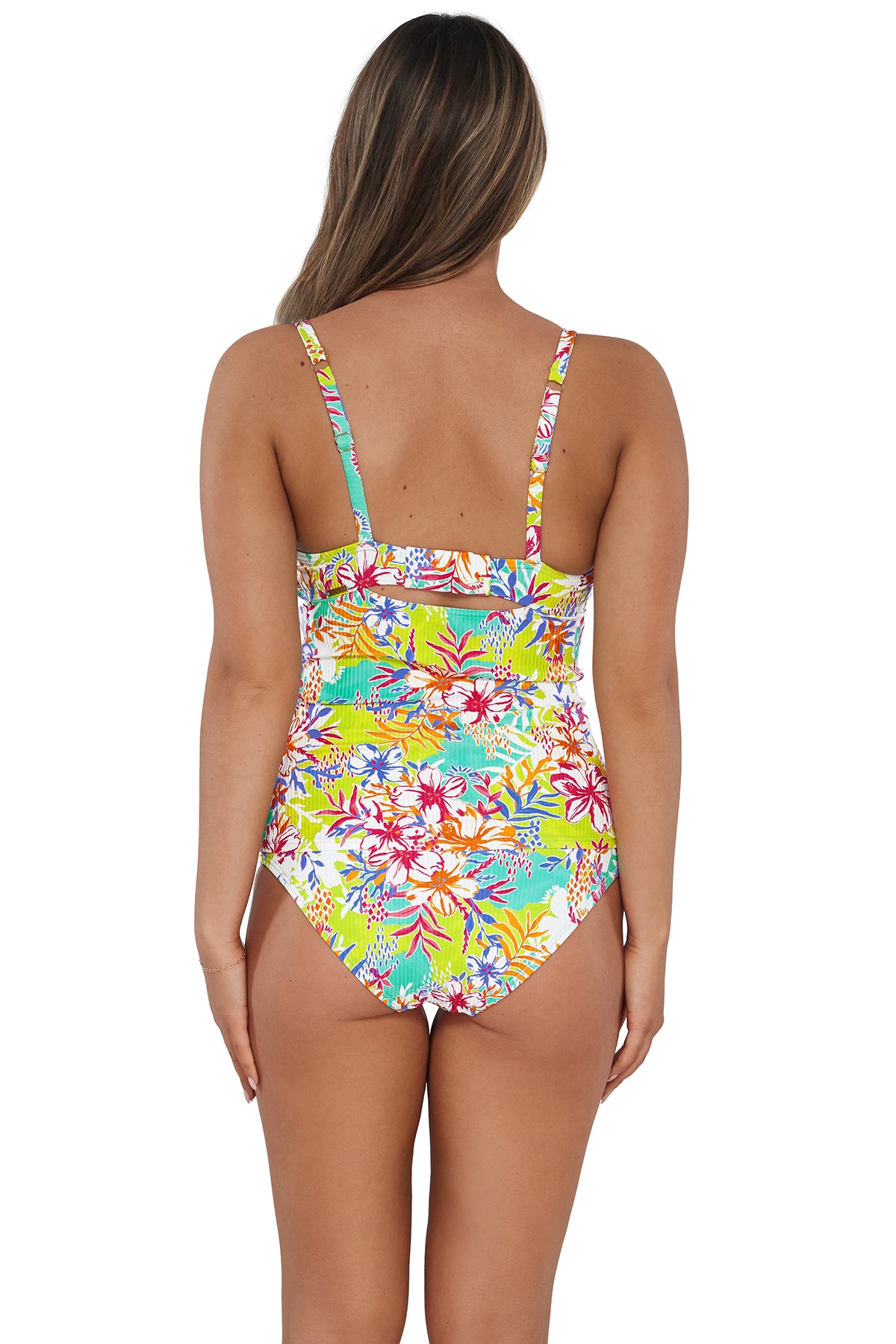 Back pose #1 of Taylor wearing Sunsets Botanical Bliss Sandbar Rib Serena Tankini Top