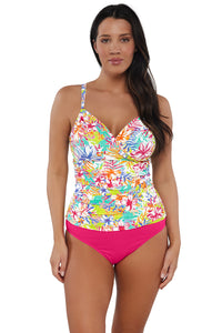 Front pose #1 of Nicki wearing Sunsets Botanical Bliss Sandbar Rib Serena Tankini Top