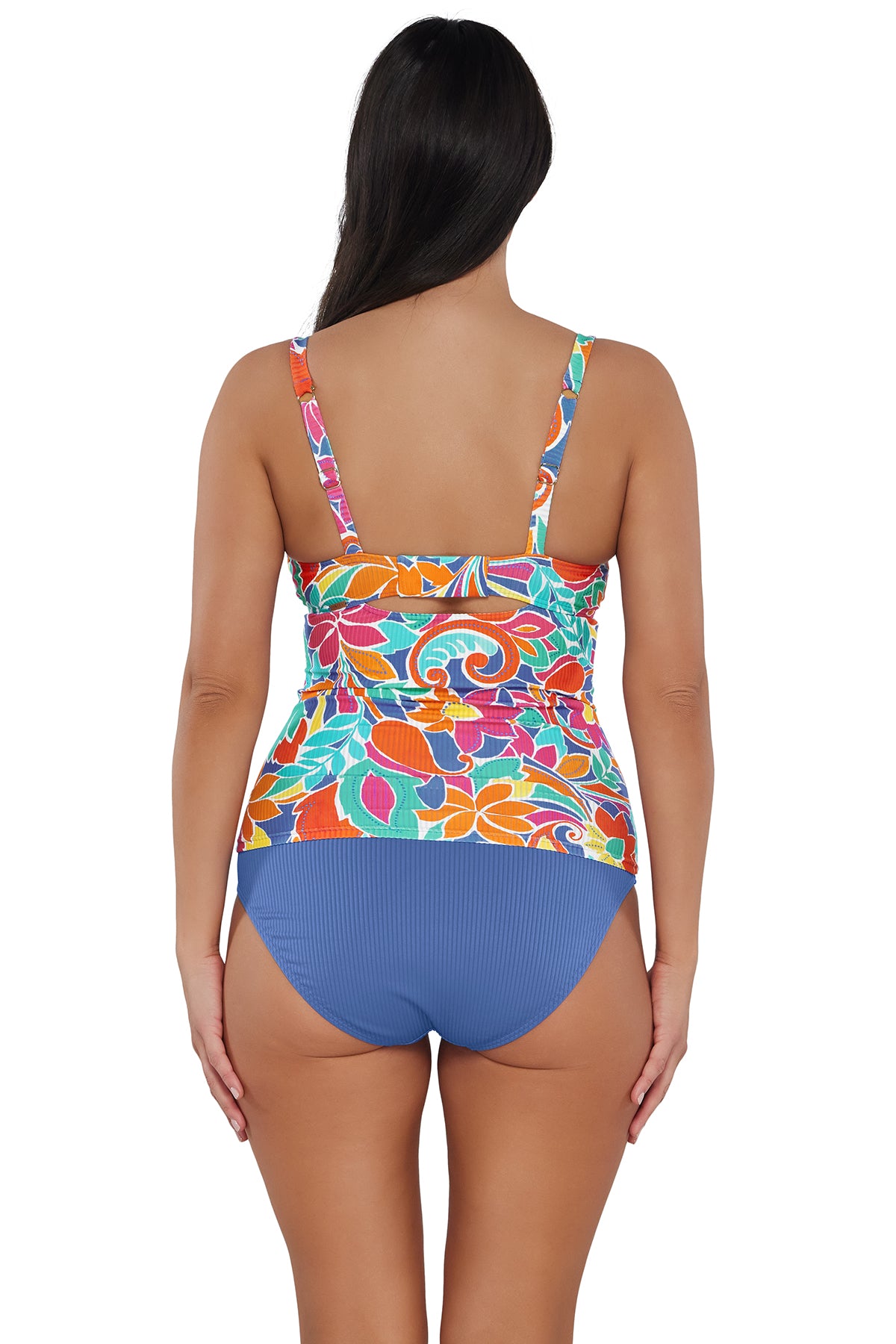 Back pose #1 of Nicki wearing Sunsets Festive Floral Sandbar Rib Serena Tankini Top