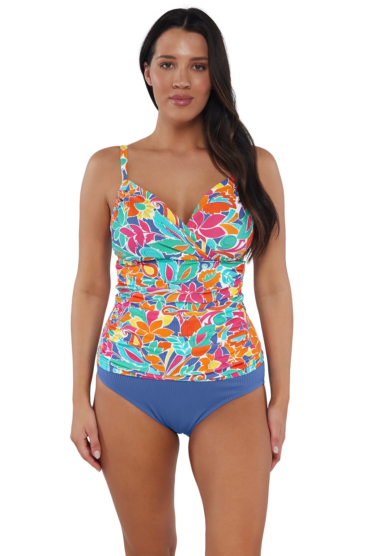 Front pose #1 of Nicki wearing Sunsets Festive Floral Sandbar Rib Serena Tankini Top