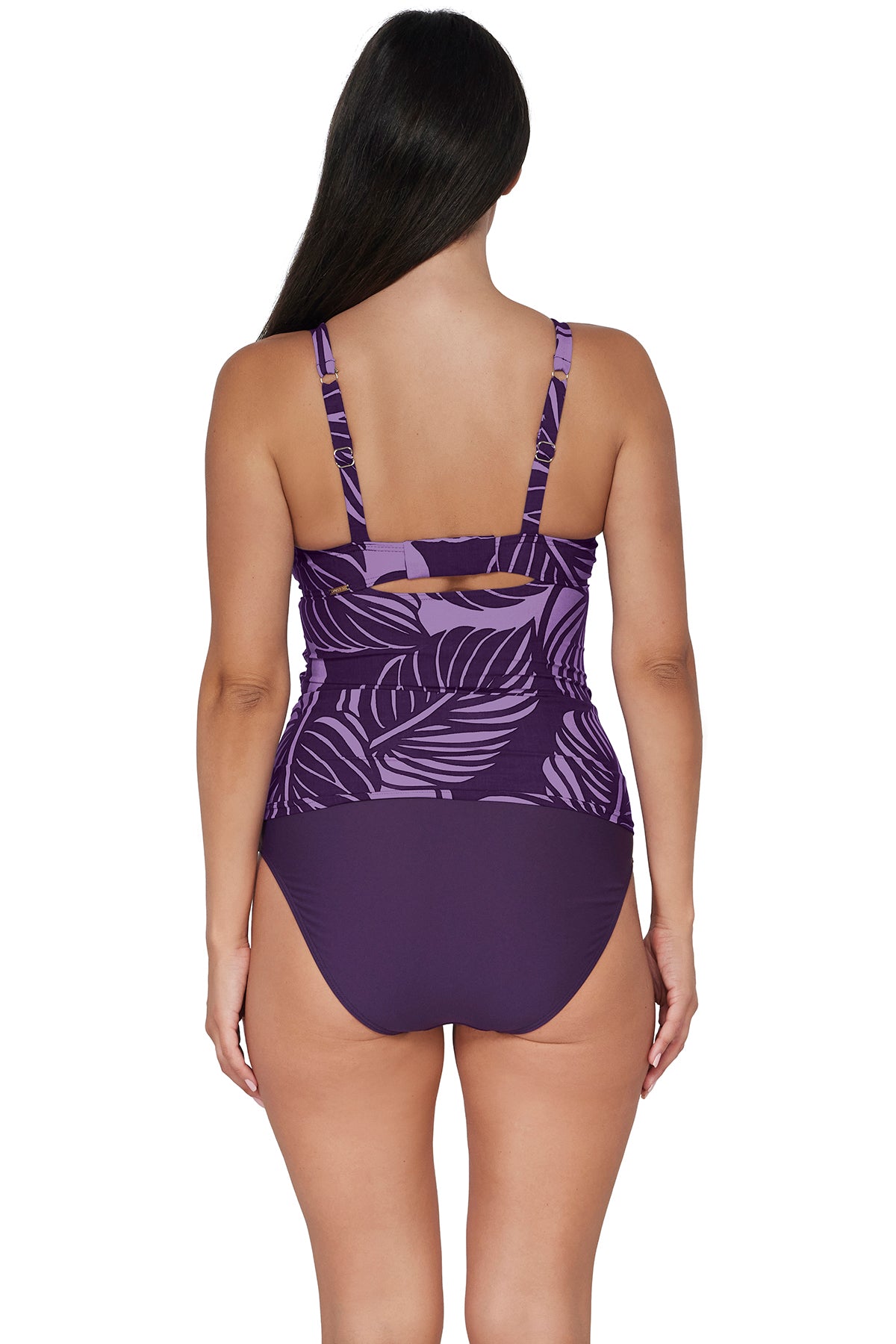 Back pose #1 of Nicki wearing Sunsets Mystic Palms Serena Tankini Top paired with coordinating Paradise Plum Hannah High Waist Bottom