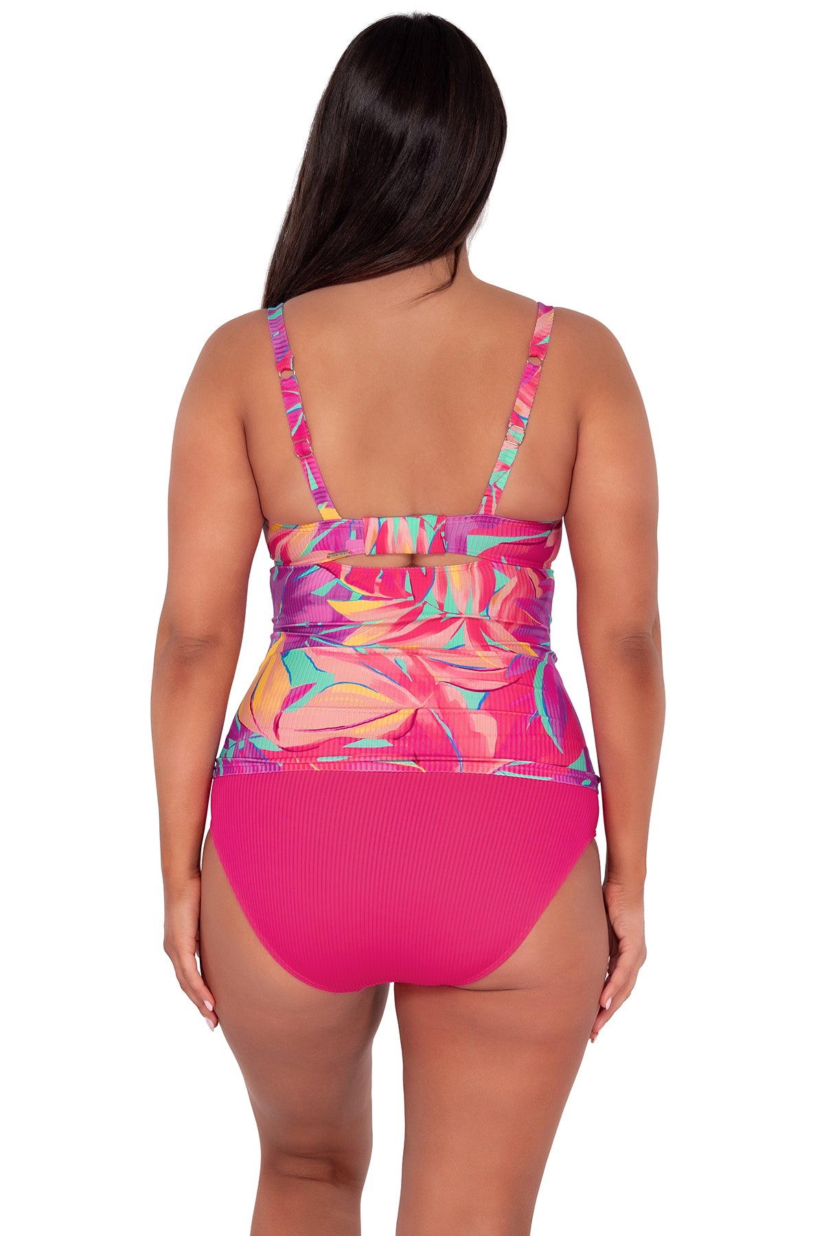 Back pose #1 of Nicki wearing Sunsets Oasis Sandbar Rib Serena Tankini Top paired with Hannah High Waist bikini bottom