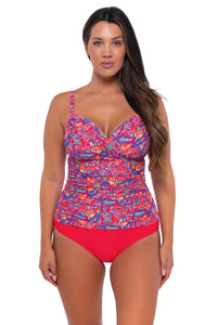 Front pose #1 of Nicky wearing Sunsets Rue Paisley Elsie Tankini Top with matching Hannah High Waist bikini bottom