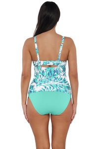 Back pose #1 of Nicki wearing Sunsets Sea Breeze Sandbar Rib Serena Tankini Top