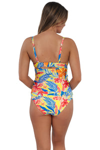 Back pose #1 of Taylor wearing Sunsets Suncatcher Serena Tankini Top paired with matching Capri High Waist Bottom