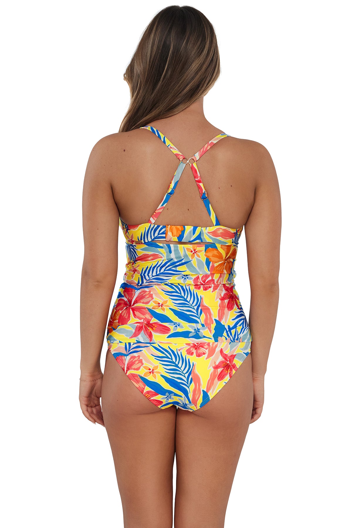 Back pose #1 of Taylor wearing Sunsets Suncatcher Serena Tankini Top showing crossback straps