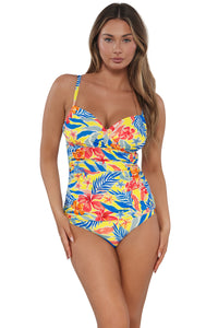 Front pose #1 of Taylor wearing Sunsets Suncatcher Serena Tankini Top paired with matching Capri High Waist Bottom