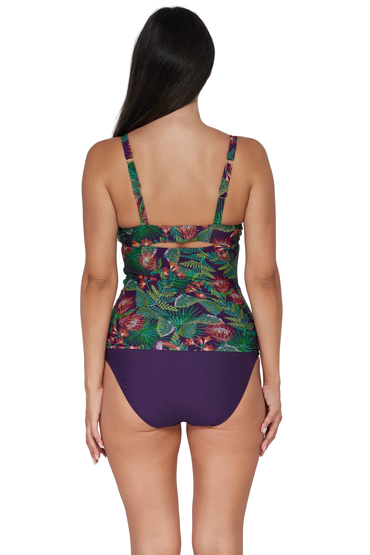 Back pose #1 of Nicki wearing Sunsets Welcome To Rio Serena Tankini Top paired with coordinating Paradise Plum Hannah High Waist Bottom