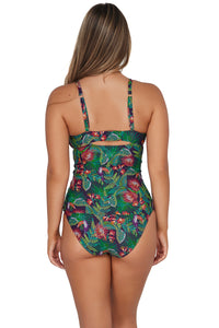 Back pose #1 of Taylor wearing Sunsets Welcome To Rio Serena Tankini Top paired with matching Hannah High Waist Bottom