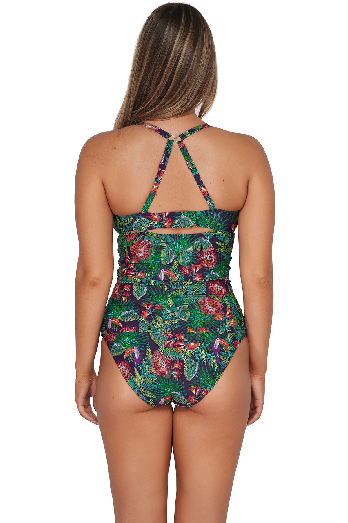 Back pose #1 of Taylor wearing Sunsets Welcome To Rio Serena Tankini Top showing crossback straps paired with matching Hannah High Waist Bottom