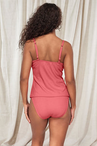 Back pose #1 of Jasmine wearing Pacifica Hibiscus Tea Coralie Tankini Top paired with matching Hannah High Waist Bottom