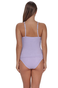 Back pose #1 of Taylor wearing Pacifica by Sunsets Lilac Scrunch Coralie Tankini Top