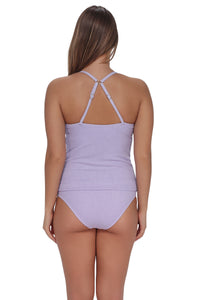 Back pose #1 of Taylor wearing Pacifica by Sunsets Lilac Scrunch Coralie Tankini Top showing crossback straps