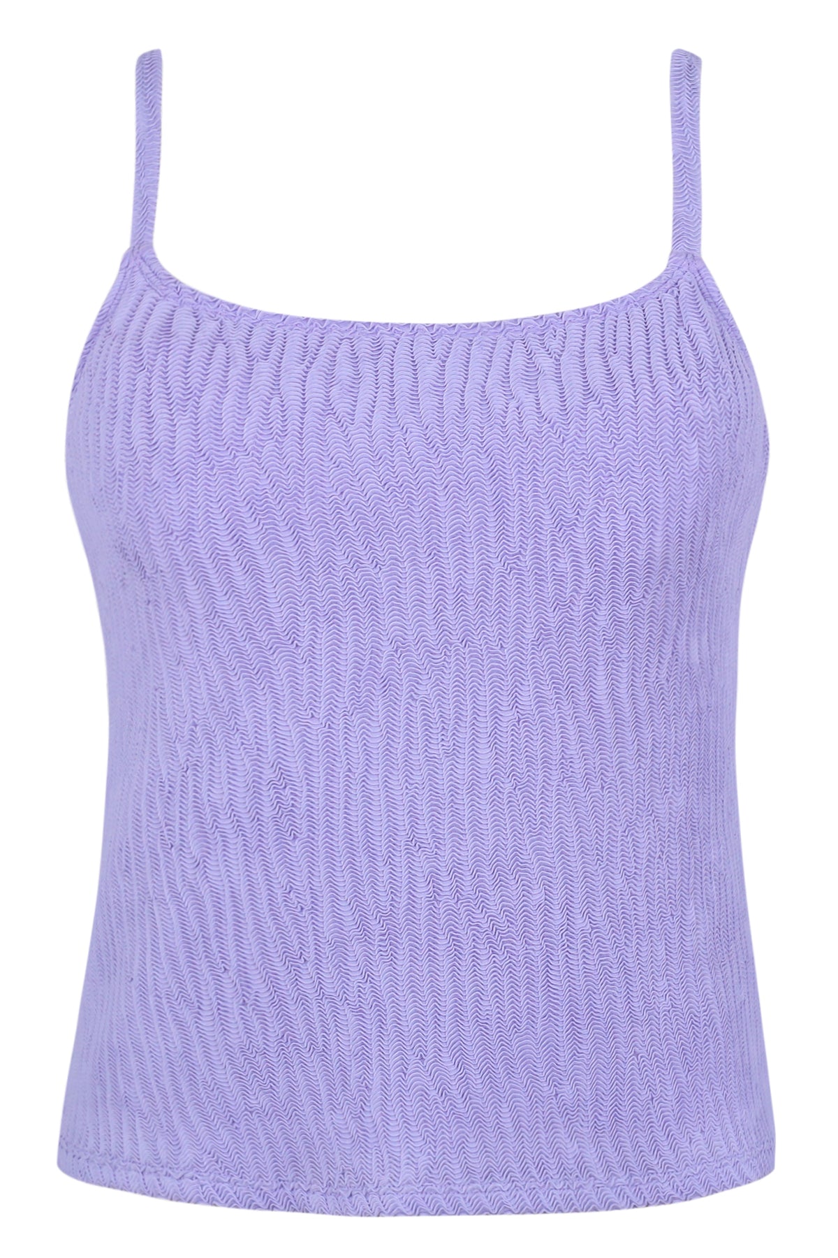 Front pose #1 of a floating garment shot featuring Pacifica by Sunsets Lilac Scrunch Coralie Tankini Top