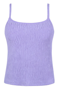 Front pose #1 of a floating garment shot featuring Pacifica by Sunsets Lilac Scrunch Coralie Tankini Top