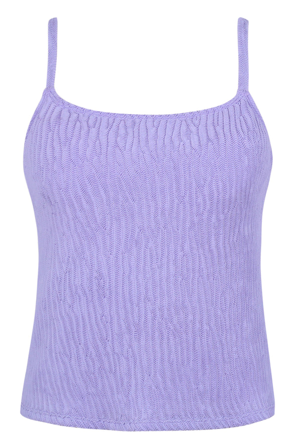 Front pose #1 of a floating garment shot featuring Pacifica by Sunsets Lilac Scrunch Coralie Tankini Top