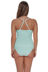 Back pose #1 of Taylor wearing Pacifica by Sunsets Mint Scrunch Coralie Tankini Top showing crossback straps