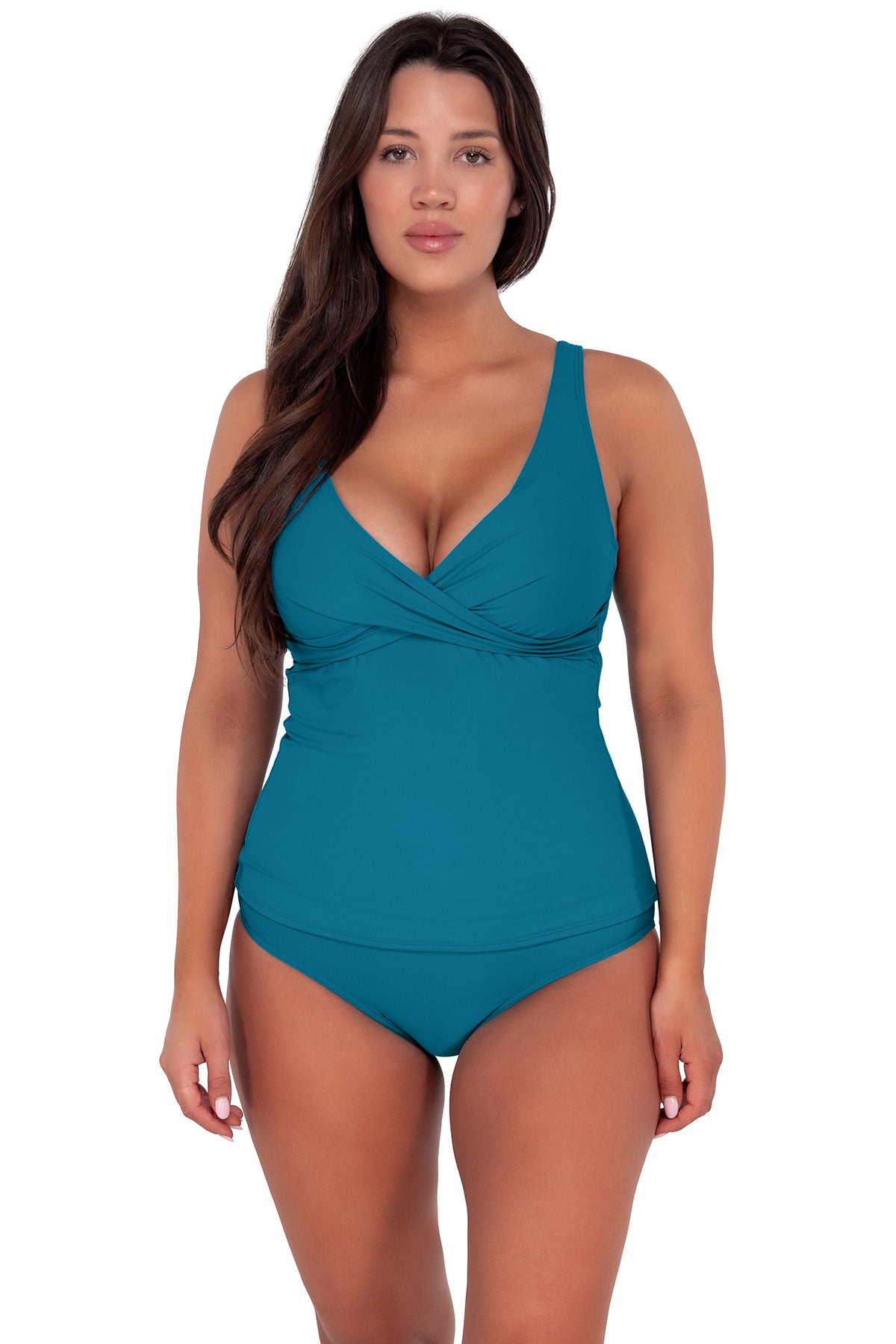 Front pose #1 of Nicki wearing Sunsets Avalon Teal Elsie Tankini Top paired with Hannah High Waist bikini bottom