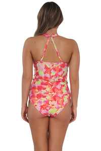 Back pose #1 of Taylor wearing Sunsets Butterfly Beach Elsie Tankini Top showing crossback straps paired with matching Capri High Waist Bottom