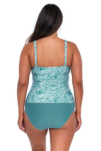 Back pose #1 of Nicky wearing Sunsets By the Sea Elsie Tankini Top with matching Hannah High Waist bikini bottom