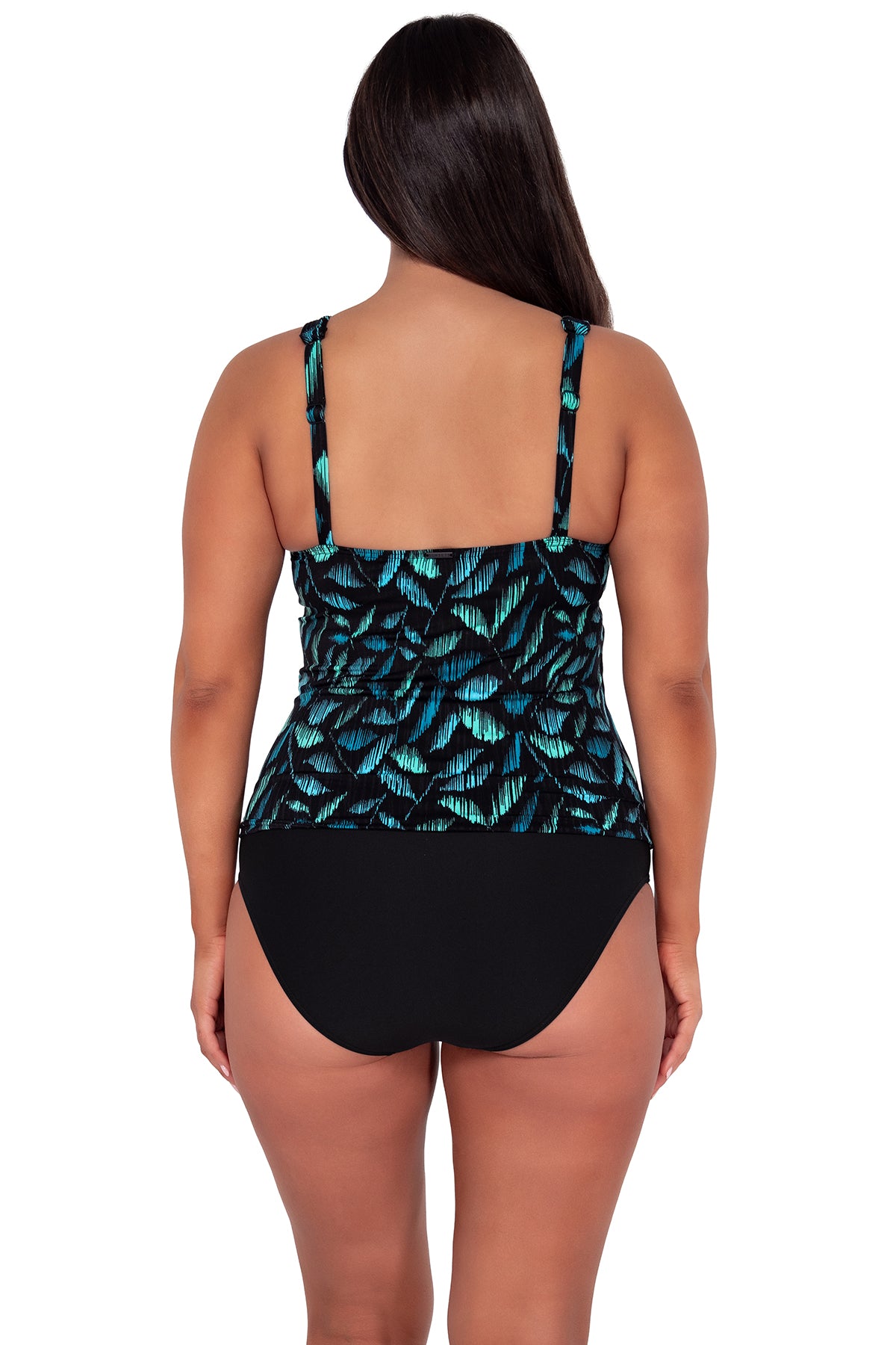 Back pose #1 of Nicki wearing Sunsets Cascade Seagrass Texture Elsie Tankini Top paired with Hannah High Waist bikini bottom