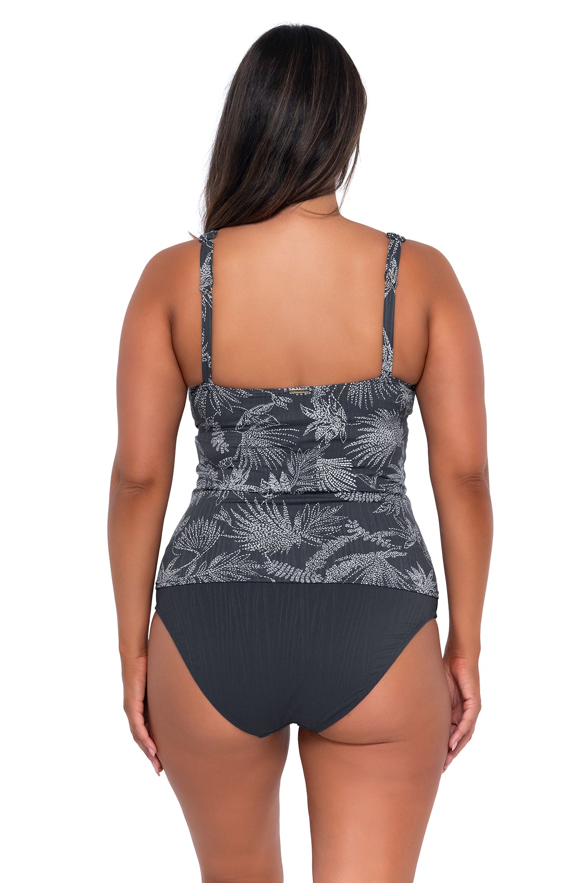 Back pose #1 of Nicky wearing Sunsets Fanfare Seagrass Texture Elsie Tankini Top with matching Hannah High Waist bikini bottom