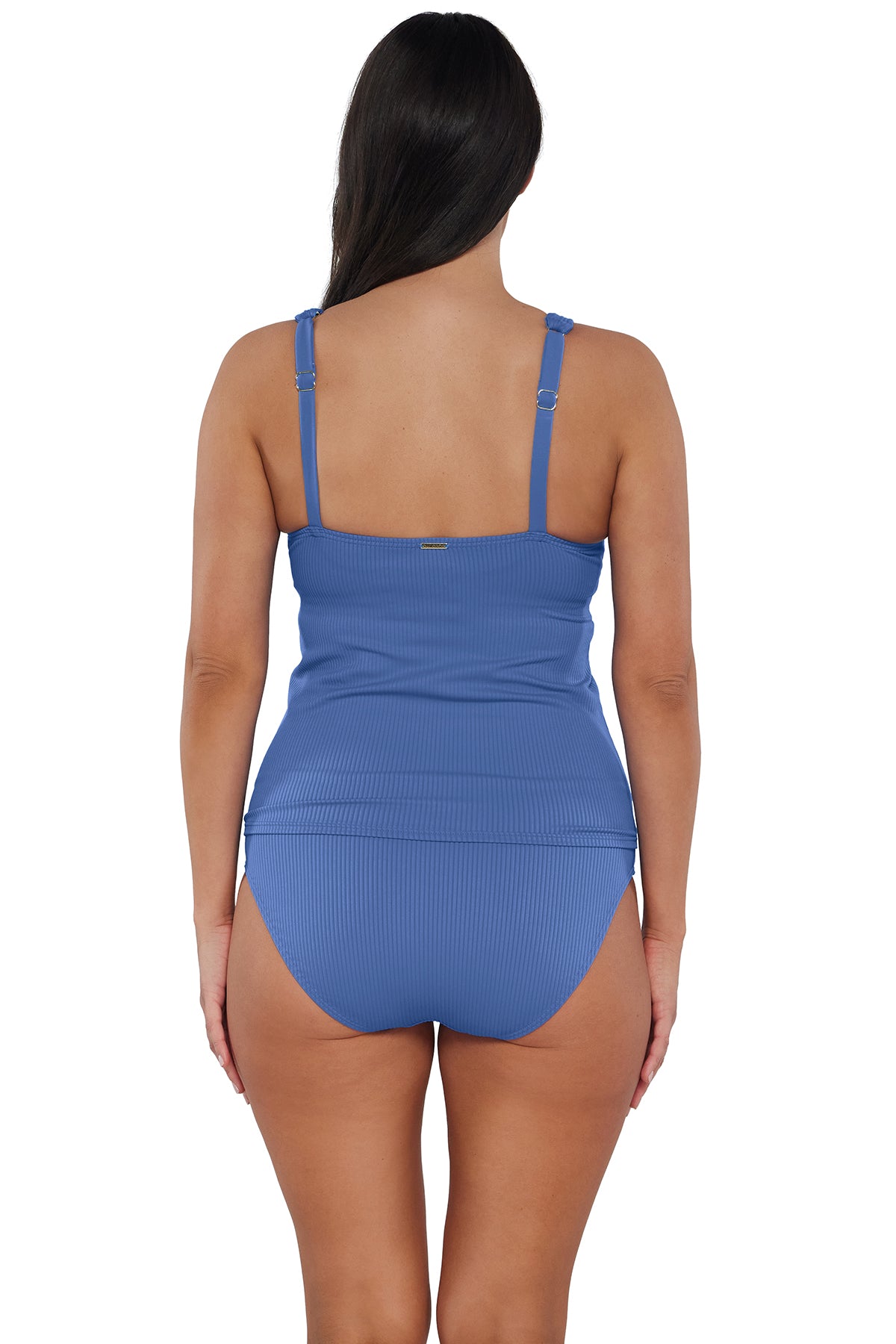 Back pose #1 of Nicki wearing Sunsets Harbor Blue Sandbar Rib Elsie Tankini Top