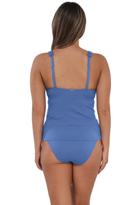 Back pose #1 of Taylor wearing Sunsets Harbor Blue Sandbar Rib Elsie Tankini Top