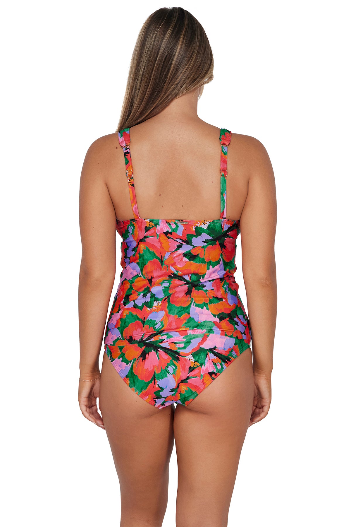 Back pose #2 of Taylor wearing Sunsets Hummingbird Cove Elsie Tankini Top paired with matching Capri High Waist Bottom