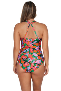 Back pose #1 of Taylor wearing Sunsets Hummingbird Cove Elsie Tankini Top showing crossback straps paired with matching Capri High Waist Bottom