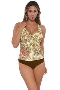 Active pose #1 of Taylor wearing Sunsets Island Spice Elsie Tankini Top