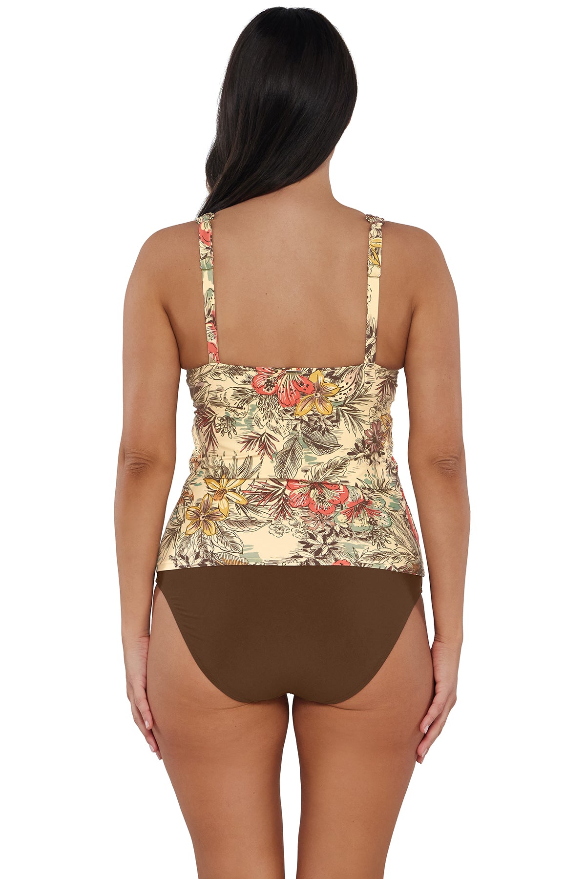 Back pose #1 of Nicki wearing Sunsets Island Spice Elsie Tankini Top