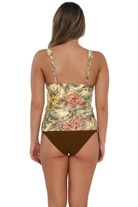 Back pose #1 of Taylor wearing Sunsets Island Spice Elsie Tankini Top