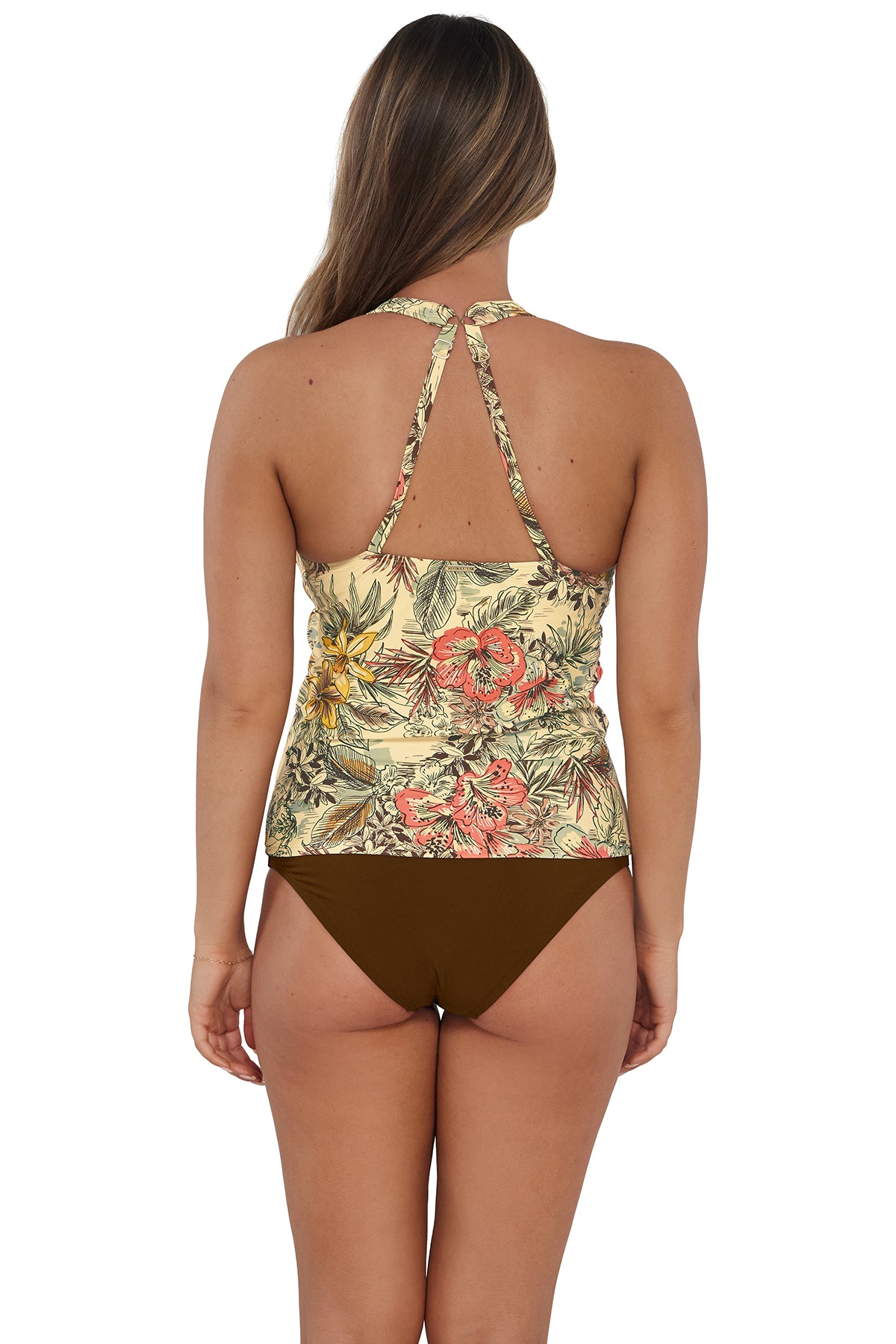 Back pose #1 of Taylor wearing Sunsets Island Spice Elsie Tankini Top showing crossback straps