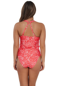 Back pose #1 of Taylor wearing Sunsets Majorca Elsie Tankini Top showing crossback straps