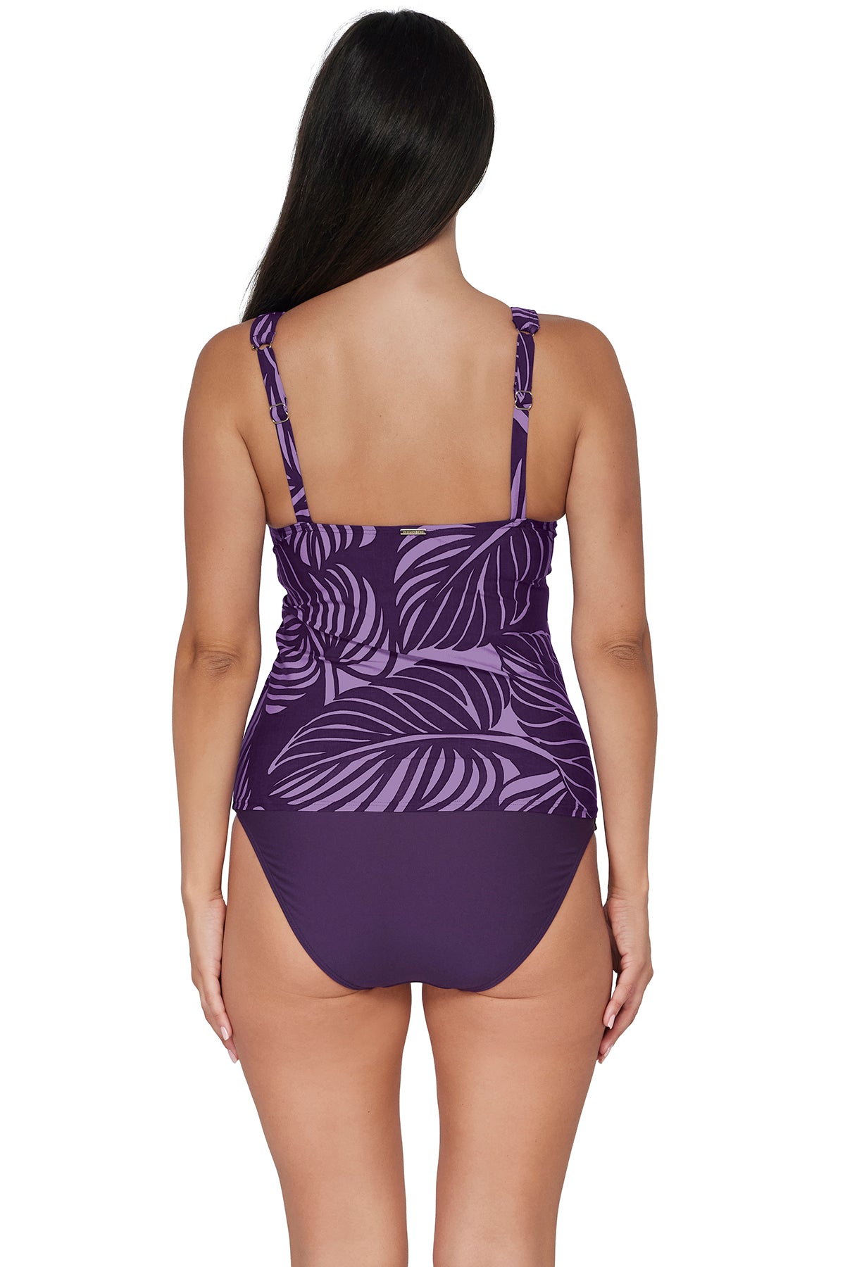 Back pose #1 of Nicki wearing Sunsets Mystic Palms Elsie Tankini Top paired with coordinating Paradise Plum Hannah High Waist Bottom