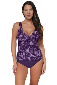 Front pose #1 of Nicki wearing Sunsets Mystic Palms Elsie Tankini Top paired with coordinating Paradise Plum Hannah High Waist Bottom