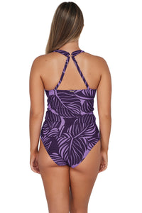 Back pose #1 of Taylor wearing Sunsets Mystic Palms Elsie Tankini Top showing crossback straps paired with matching Annie High Waist Bottom