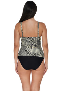 Back pose #1 of Nicki wearing Sunsets Venice Seagrass Texture Elsie Tankini Top paired with coordinating Hannah High Waist Bottom