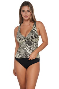 Front pose #1 of Taylor wearing Sunsets Venice Seagrass Texture Elsie Tankini Top