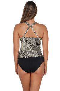 Back pose #1 of Taylor wearing Sunsets Venice Seagrass Texture Elsie Tankini Top showing crossback straps