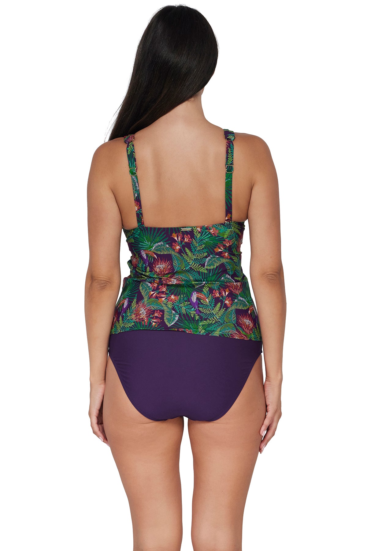 Back pose #1 of Nicki wearing Sunsets Welcome To Rio Elsie Tankini Top paired with coordinating Paradise Plum Hannah High waist Bottom