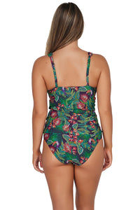 Back pose #1 of Taylor wearing Sunsets Welcome To Rio Elsie Tankini Top paired with matching Hannah High waist Bottom