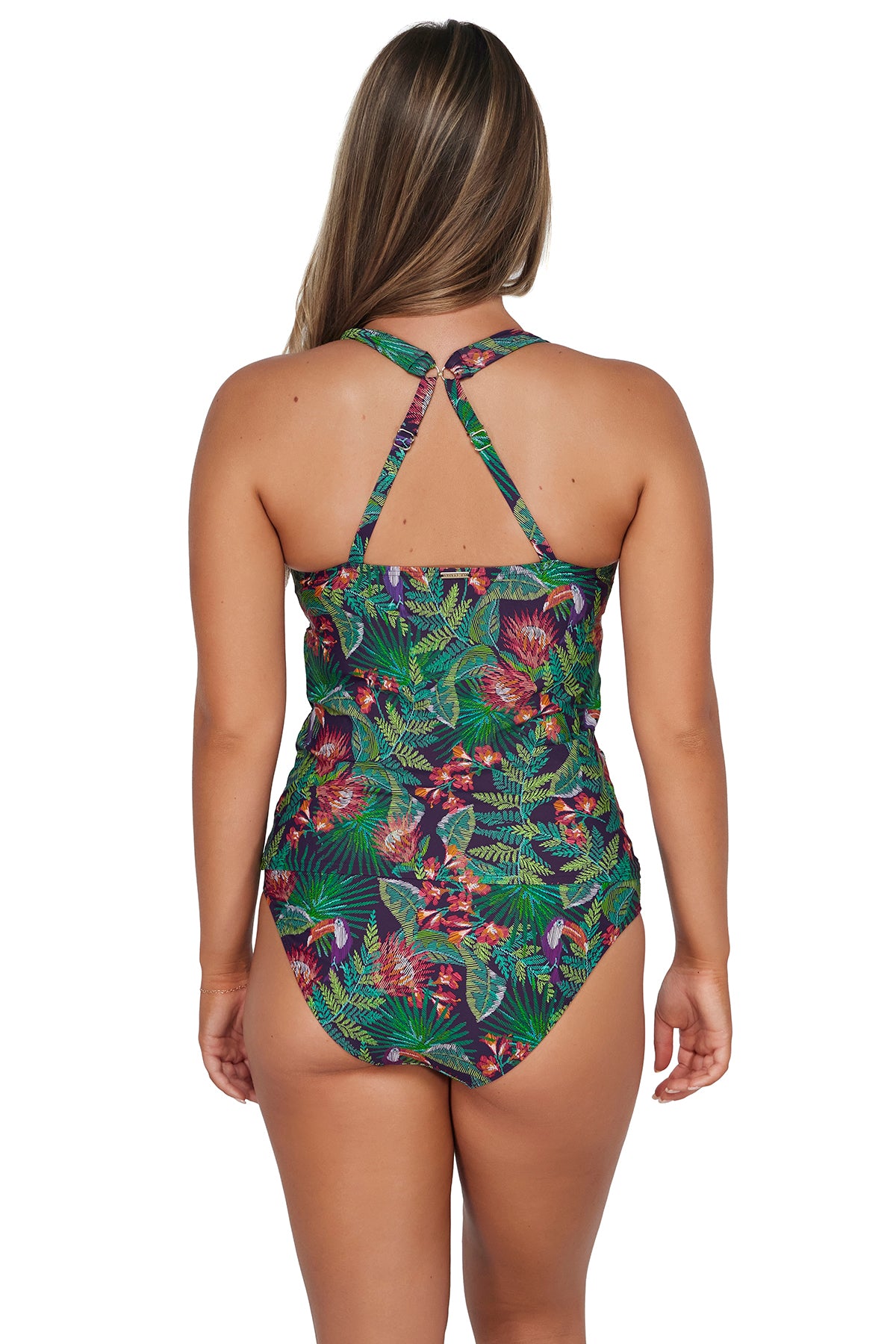 Back pose #1 of Taylor wearing Sunsets Welcome To Rio Elsie Tankini Top showing crossback straps paired with matching Hannah High waist Bottom