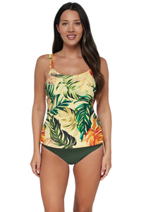 Front pose #1 of Nicki wearing Sunsets Amber Oasis Taylor Tankini Top with coordinating Island Green Bottom